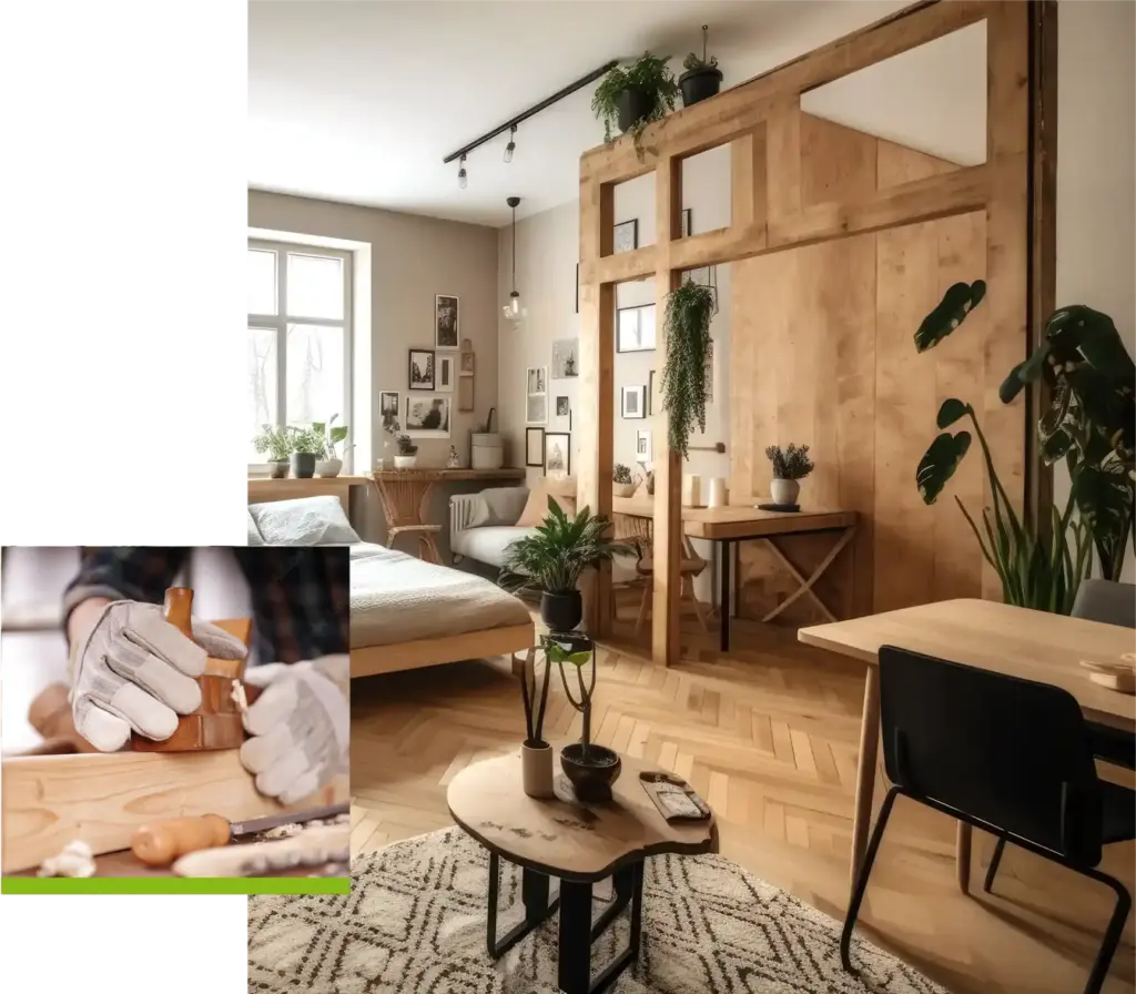 Zimmer mit Holzboden, verschiedenen Holztischen und Raumtrenner aus Holz