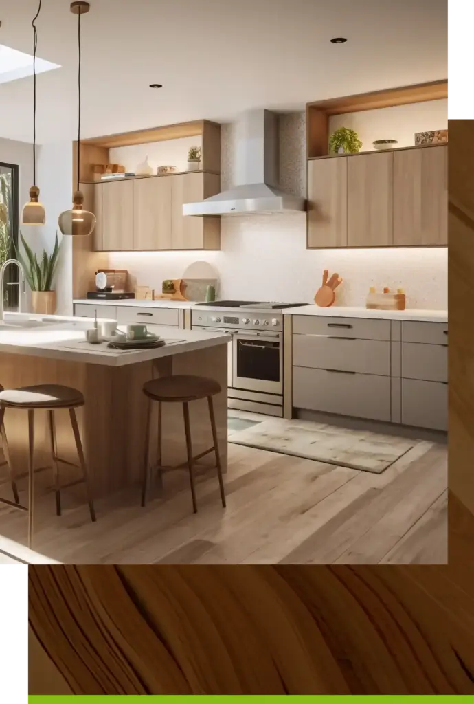Küche mit Holzboden und Tresen