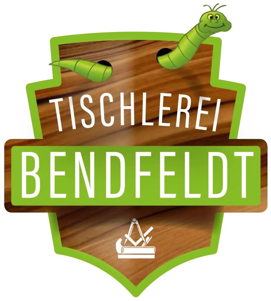 Logo der Tischlerei Benfeldt mit einem Holzwappen, dass von einem feundlichen Wurm durchlöchert wird