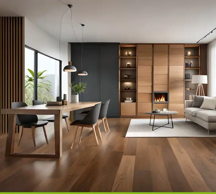 Wohnzimmer mit Einbauschrank, breitem Holzdielenboden und modernenm Holztisch